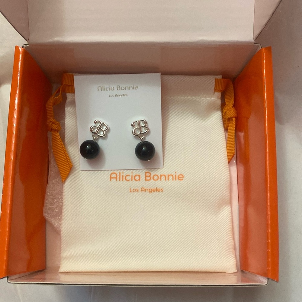 Alicia Bonnie Devotion Silver Black Agate Earrings New with Box and Dust Bag